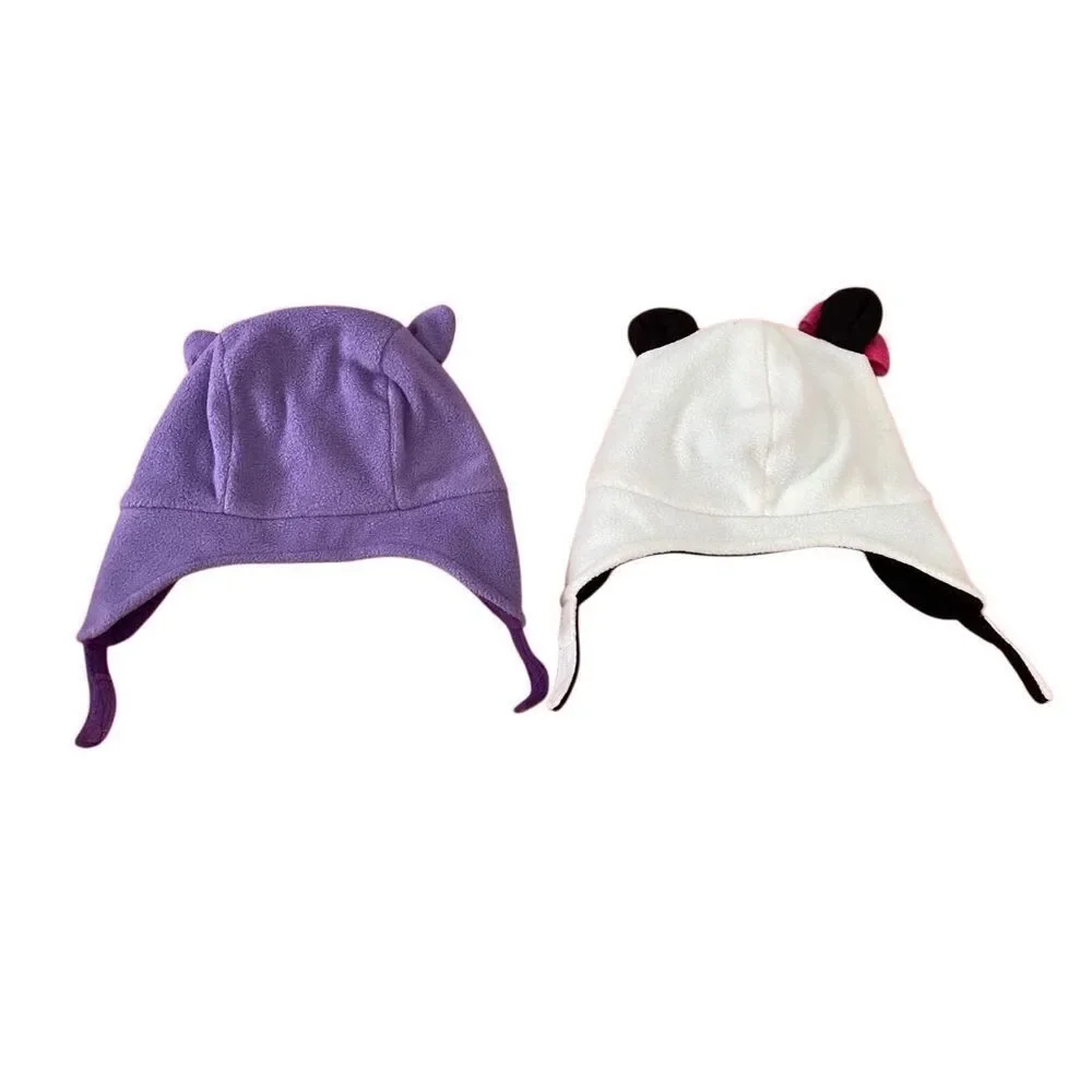 Lot of 2 Nwt Baby Cat Panda Winter Hats 0 to 12 Months Ear Flaps Infant Fleece C